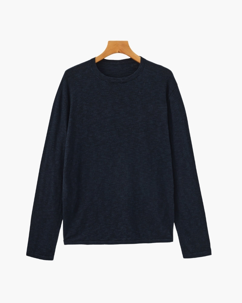 Cotton Linen Crew Neck Jumper, Lightweight Knit - Blue