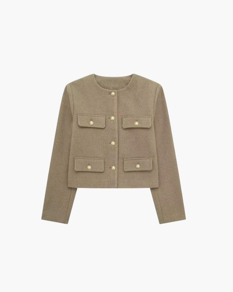 Cropped Collarless Blazer with Patch Pockets and Gold Tone Buttons - Brown