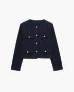 Cropped Collarless Blazer with Patch Pockets and Gold Tone Buttons - Navy