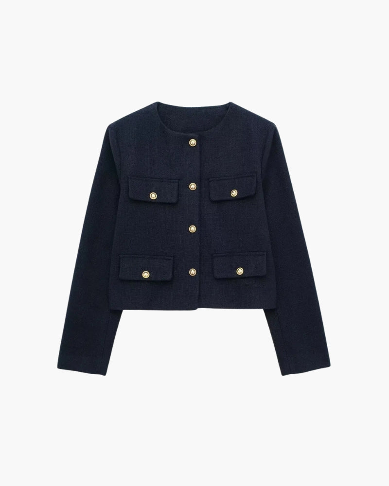 Cropped Collarless Blazer with Patch Pockets and Gold Tone Buttons - Navy