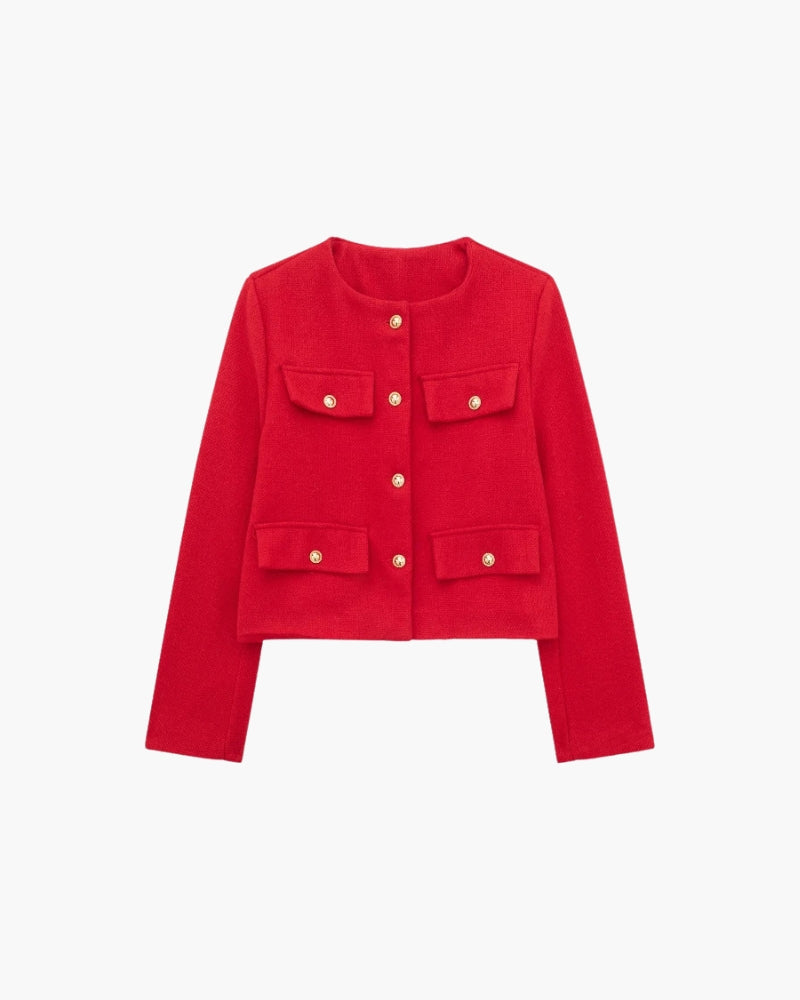 Cropped Collarless Blazer with Patch Pockets and Gold Tone Buttons - Red