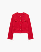 Cropped Collarless Blazer with Patch Pockets and Gold Tone Buttons - Red