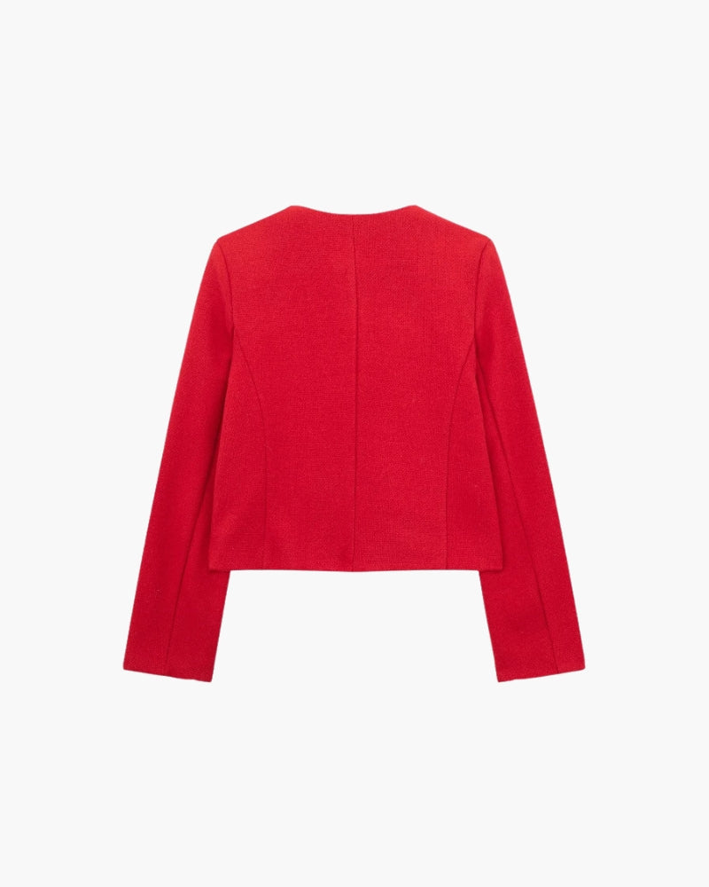 Cropped Collarless Blazer with Patch Pockets and Gold Tone Buttons