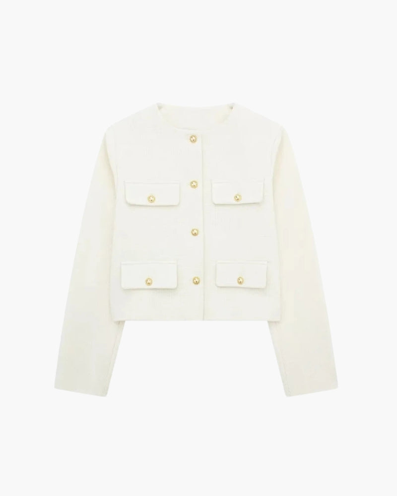 Cropped Collarless Blazer with Patch Pockets and Gold Tone Buttons - White
