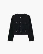 Cropped Collarless Blazer with Patch Pockets and Gold Tone Buttons - Black