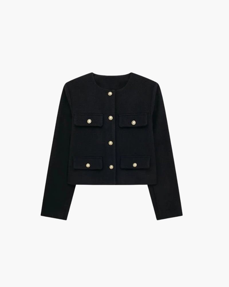 Cropped Collarless Blazer with Patch Pockets and Gold Tone Buttons - Black