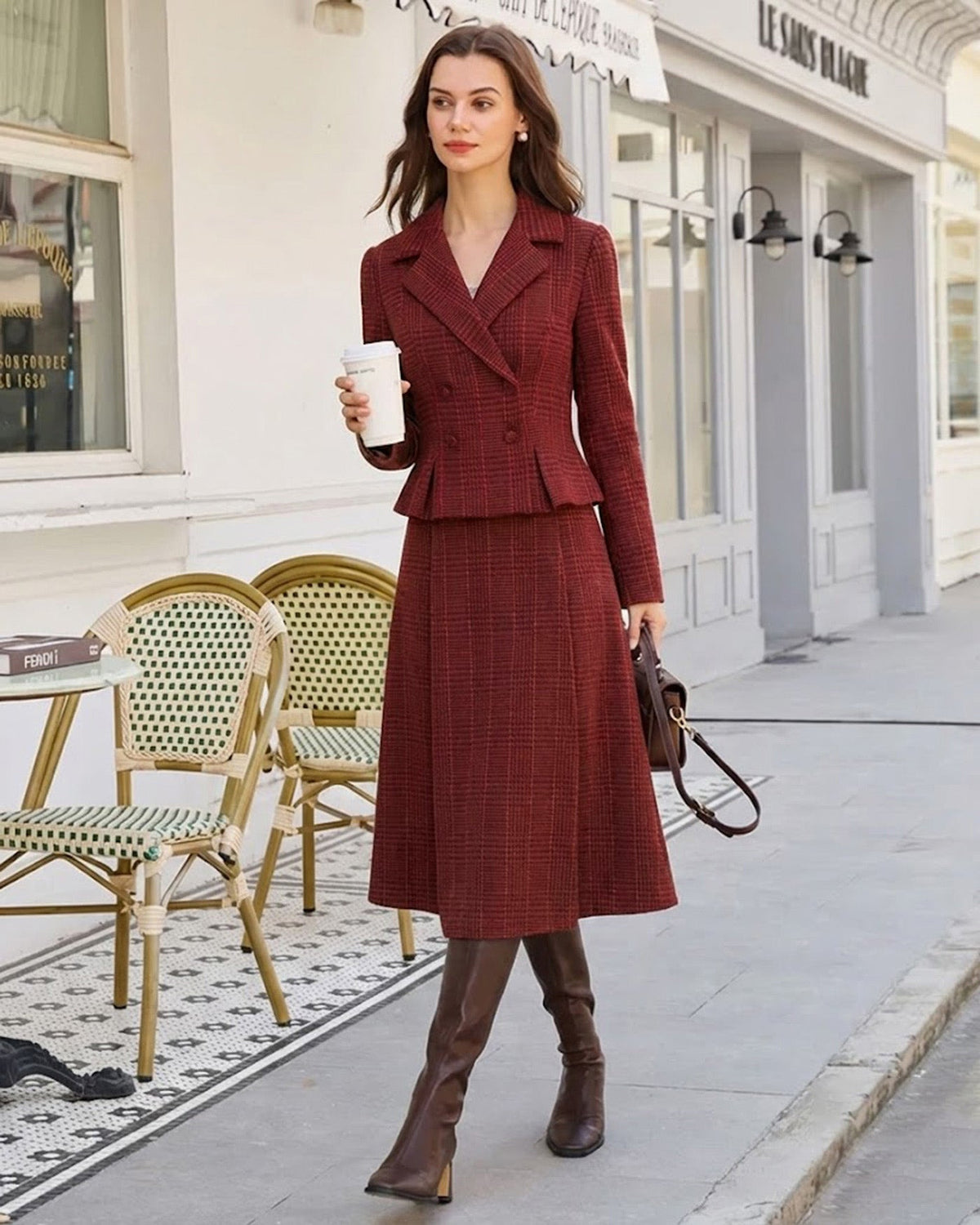 Cropped Double Breasted Jacket with Peplum and Notch Lapel - Red