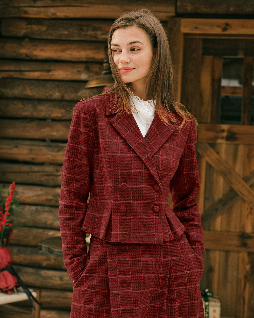 Cropped Double Breasted Jacket with Peplum and Notch Lapel - Red