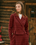 Cropped Double Breasted Jacket with Peplum and Notch Lapel - Red
