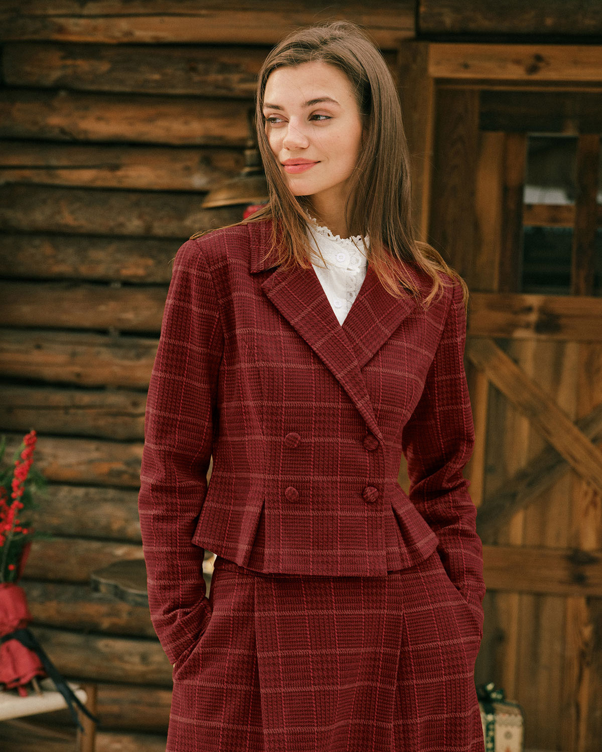 Cropped Double Breasted Jacket with Peplum and Notch Lapel - Red