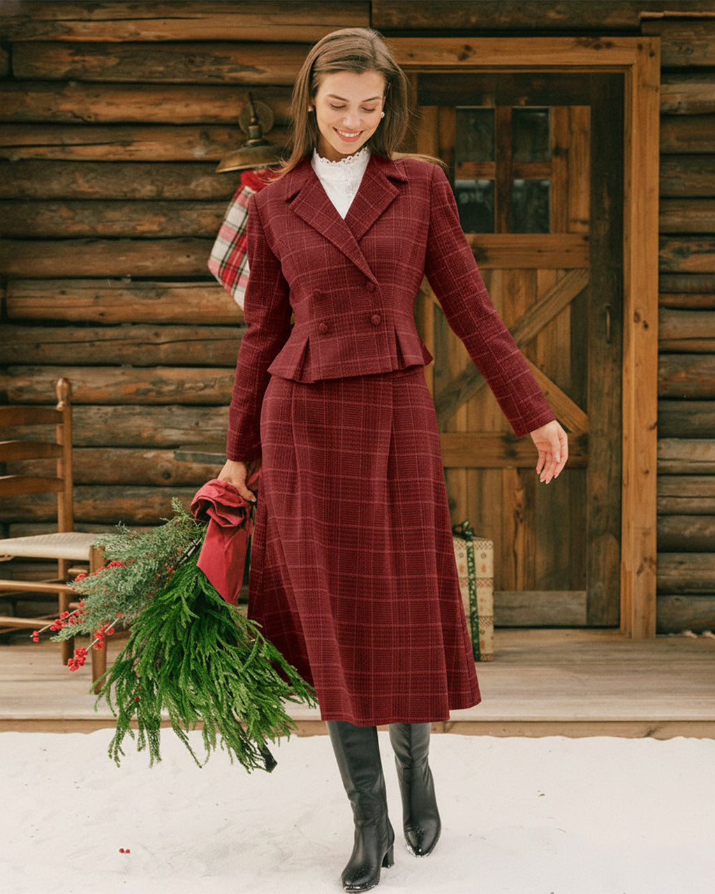 Cropped Double Breasted Jacket with Peplum and Notch Lapel - Red