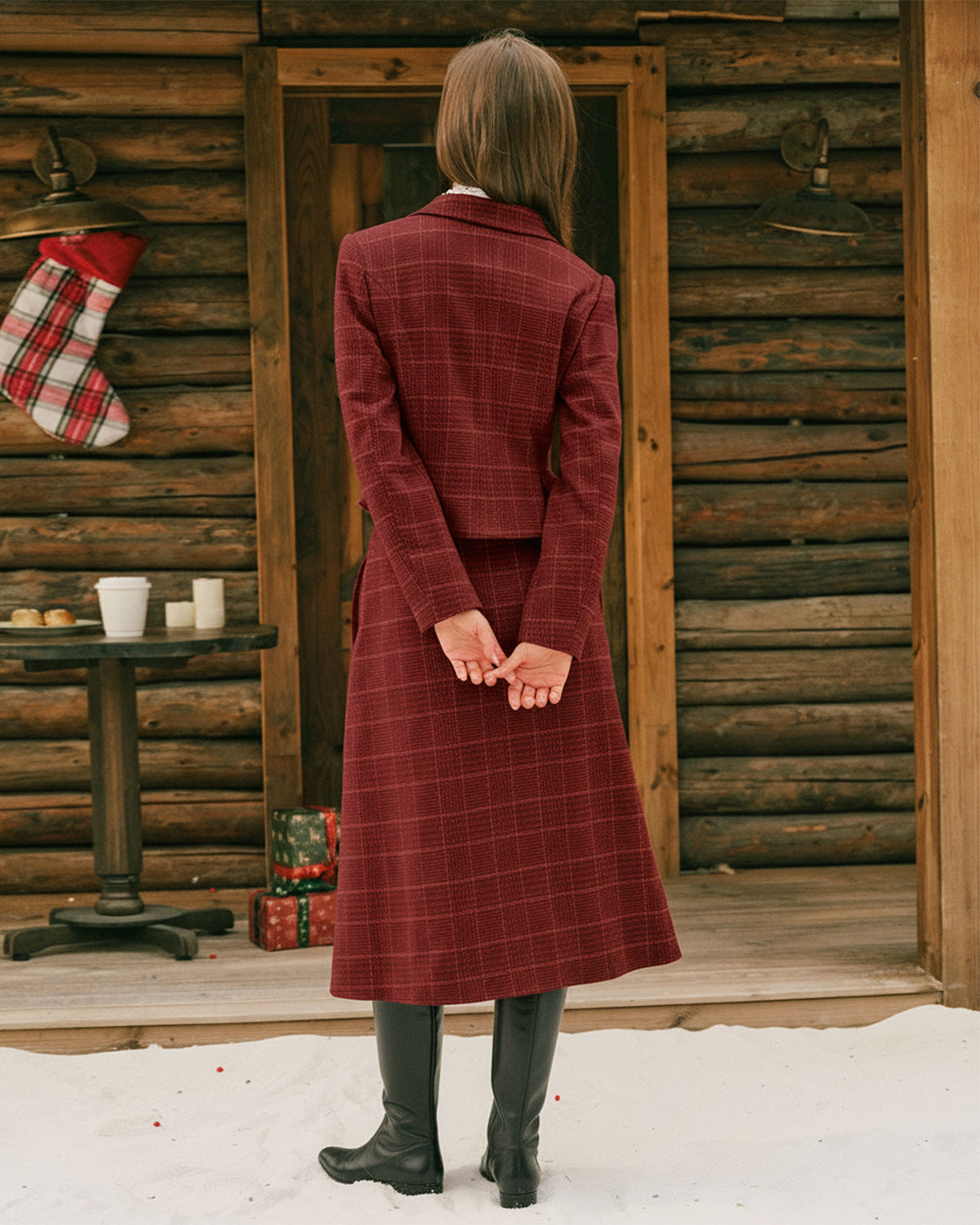 Cropped Double Breasted Jacket with Peplum and Notch Lapel - Red