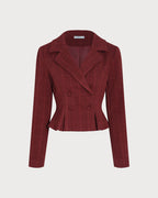 Cropped Double Breasted Jacket with Peplum and Notch Lapel - Red
