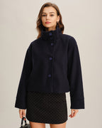 Cropped Stand Collar Jacket with Button Front and Loose Cut - Blue