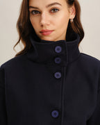 Cropped Stand Collar Jacket with Button Front and Loose Cut - Blue