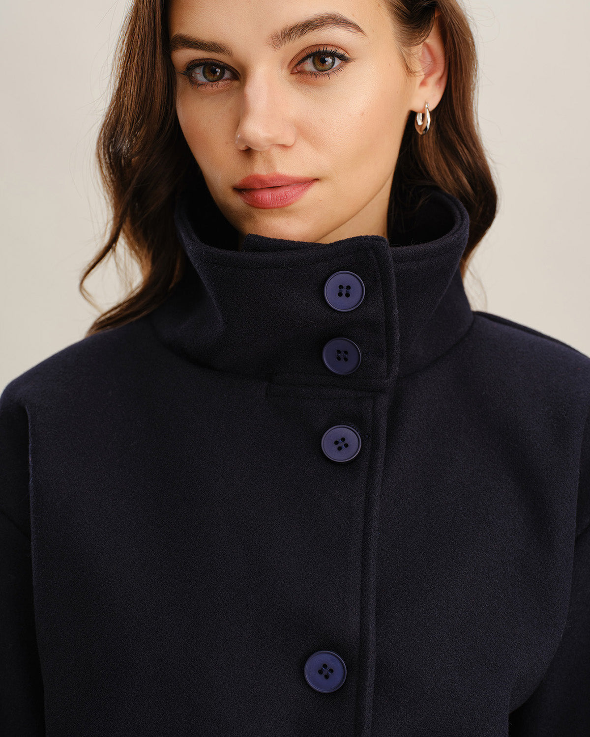 Cropped Stand Collar Jacket with Button Front and Loose Cut - Blue