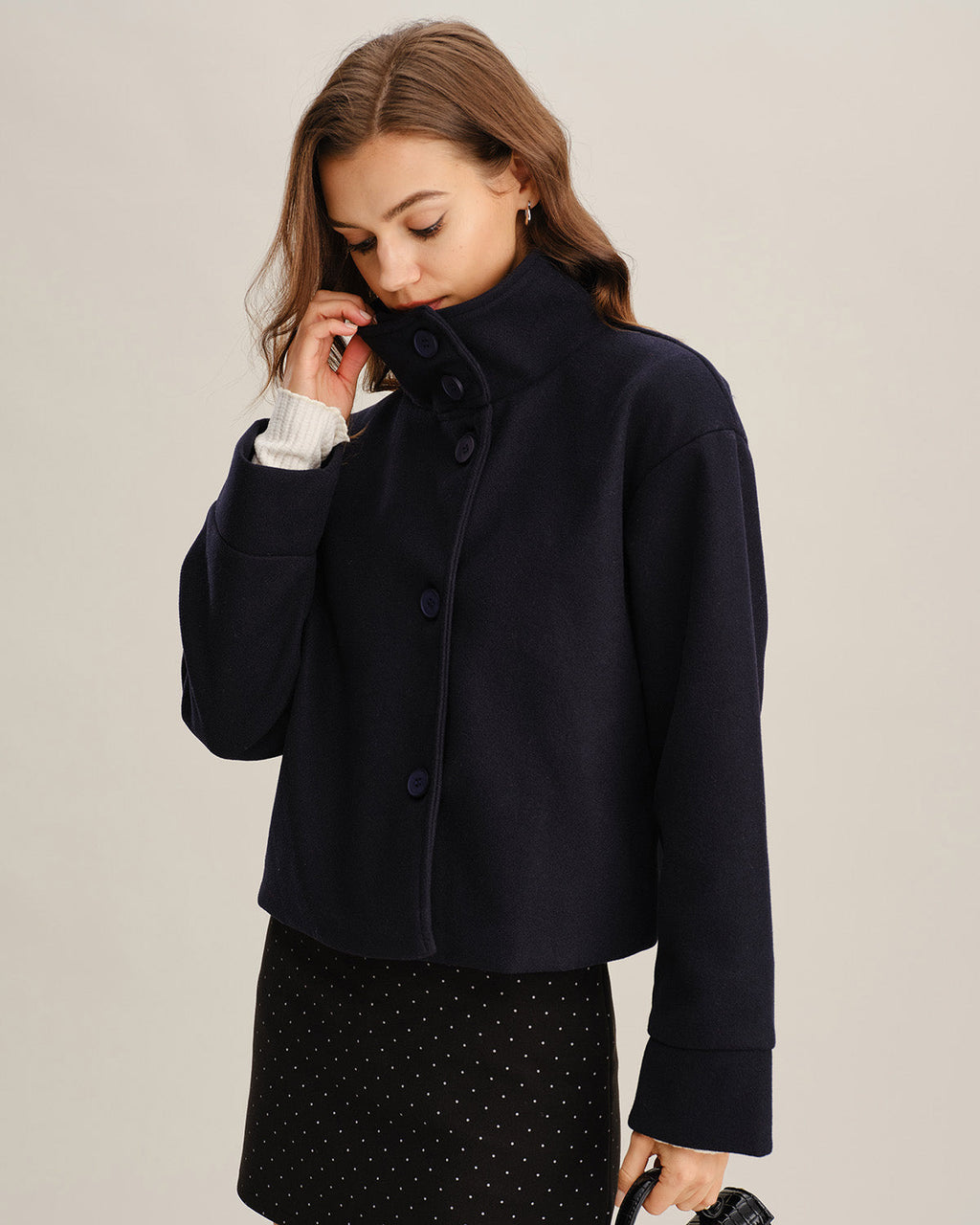 Cropped Stand Collar Jacket with Button Front and Loose Cut - Blue
