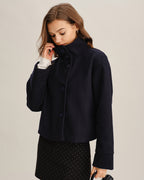 Cropped Stand Collar Jacket with Button Front and Loose Cut - Blue