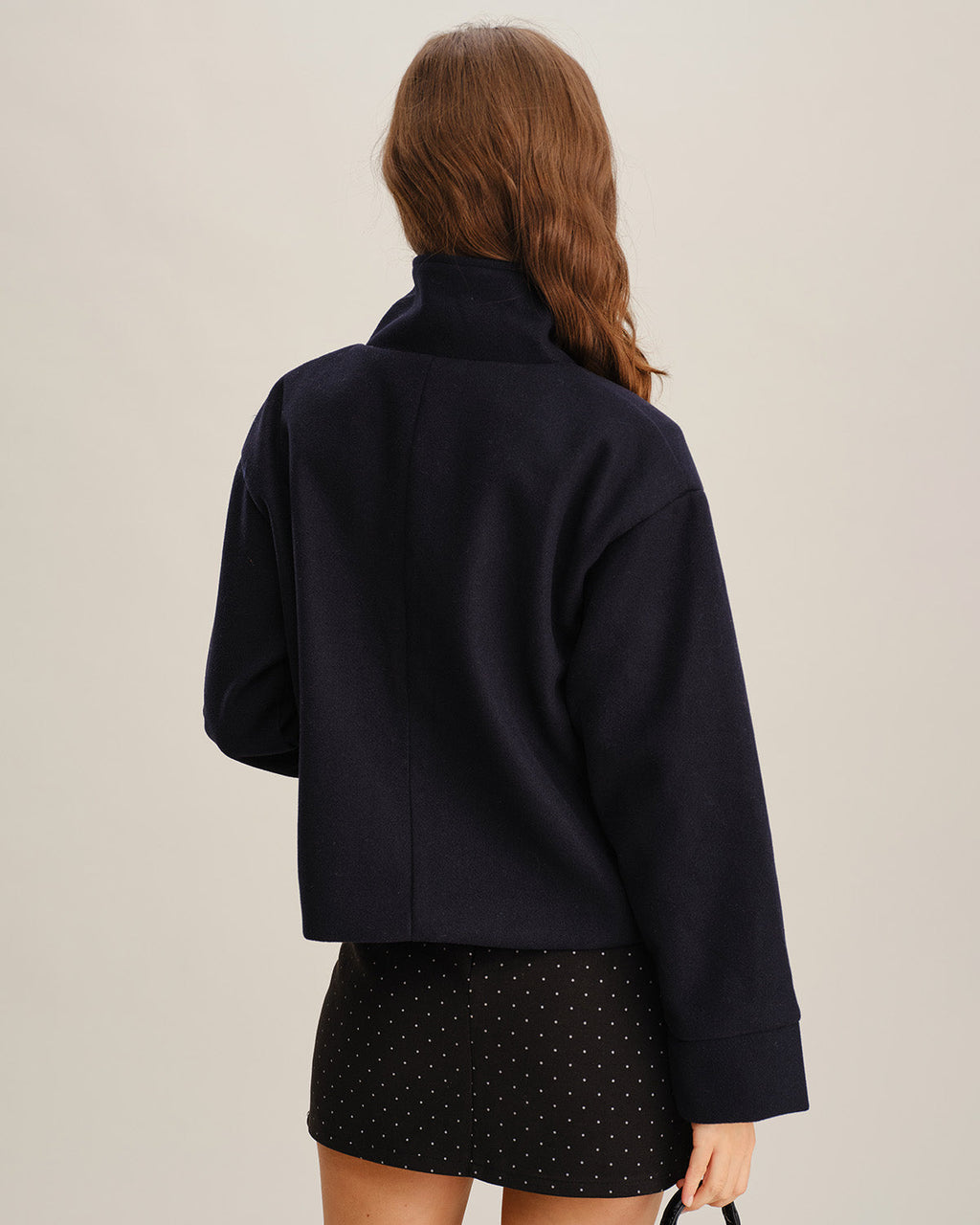 Cropped Stand Collar Jacket with Button Front and Loose Cut - Blue
