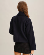 Cropped Stand Collar Jacket with Button Front and Loose Cut - Blue