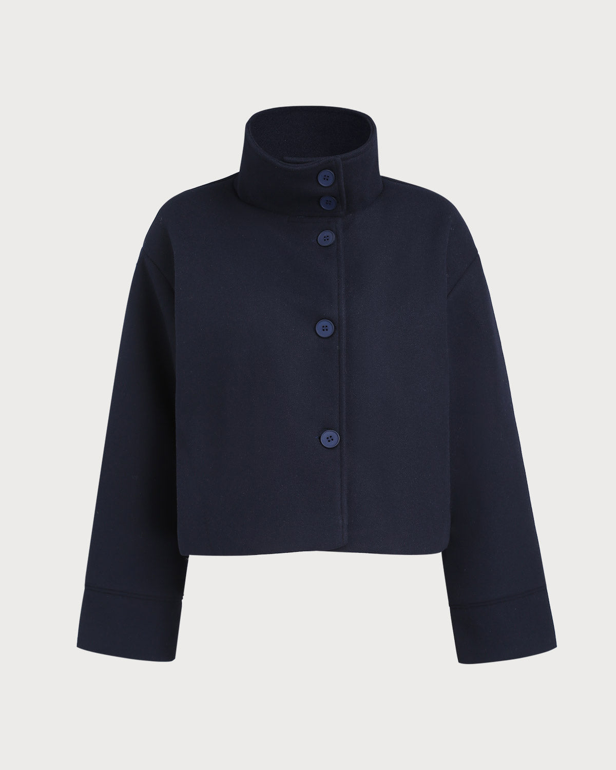 Cropped Stand Collar Jacket with Button Front and Loose Cut - Blue