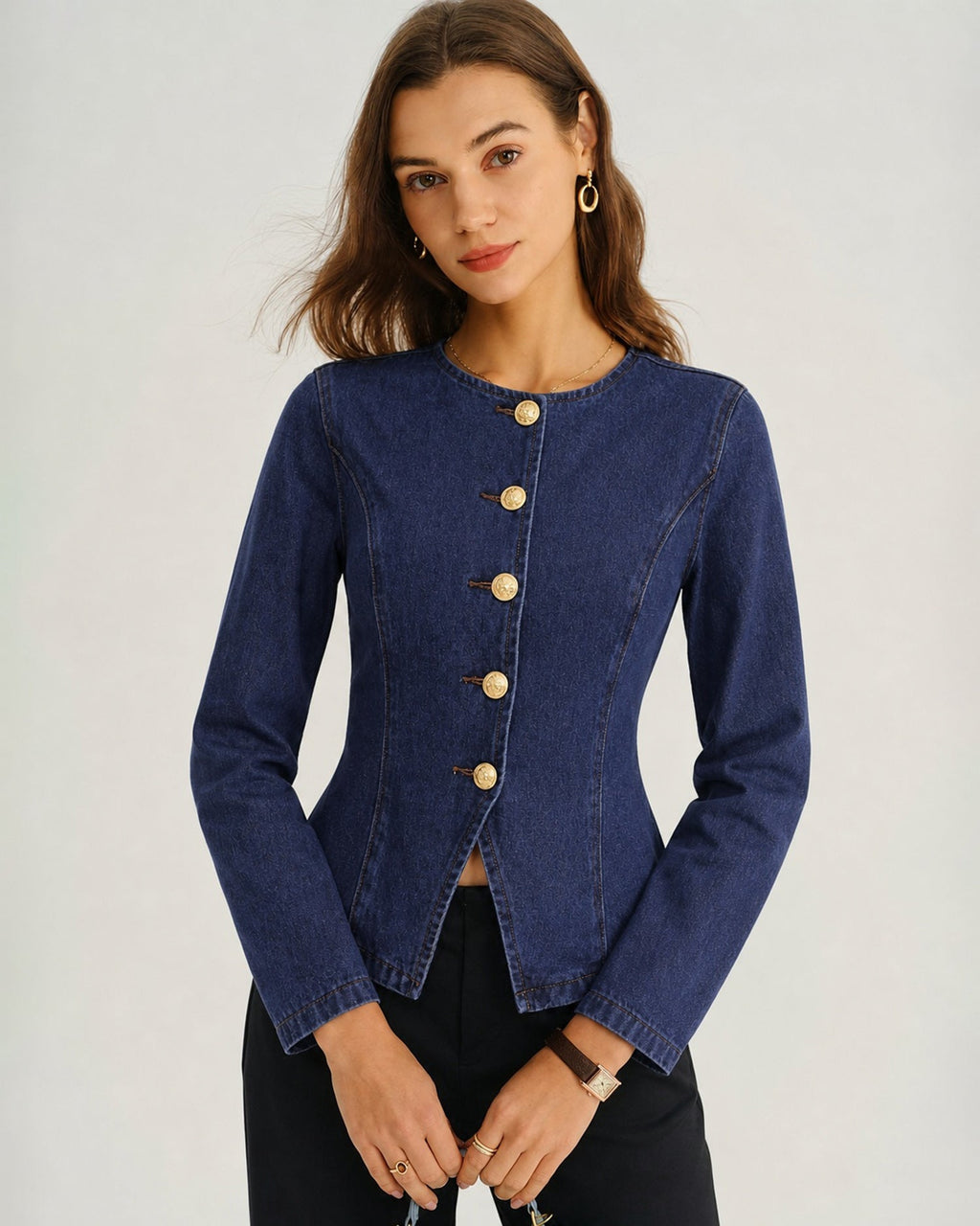Denim Look Blouse with Round Neck and Gold Tone Buttons - Blue