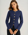 Denim Look Blouse with Round Neck and Gold Tone Buttons - Blue