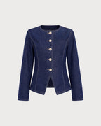 Denim Look Blouse with Round Neck and Gold Tone Buttons - Blue