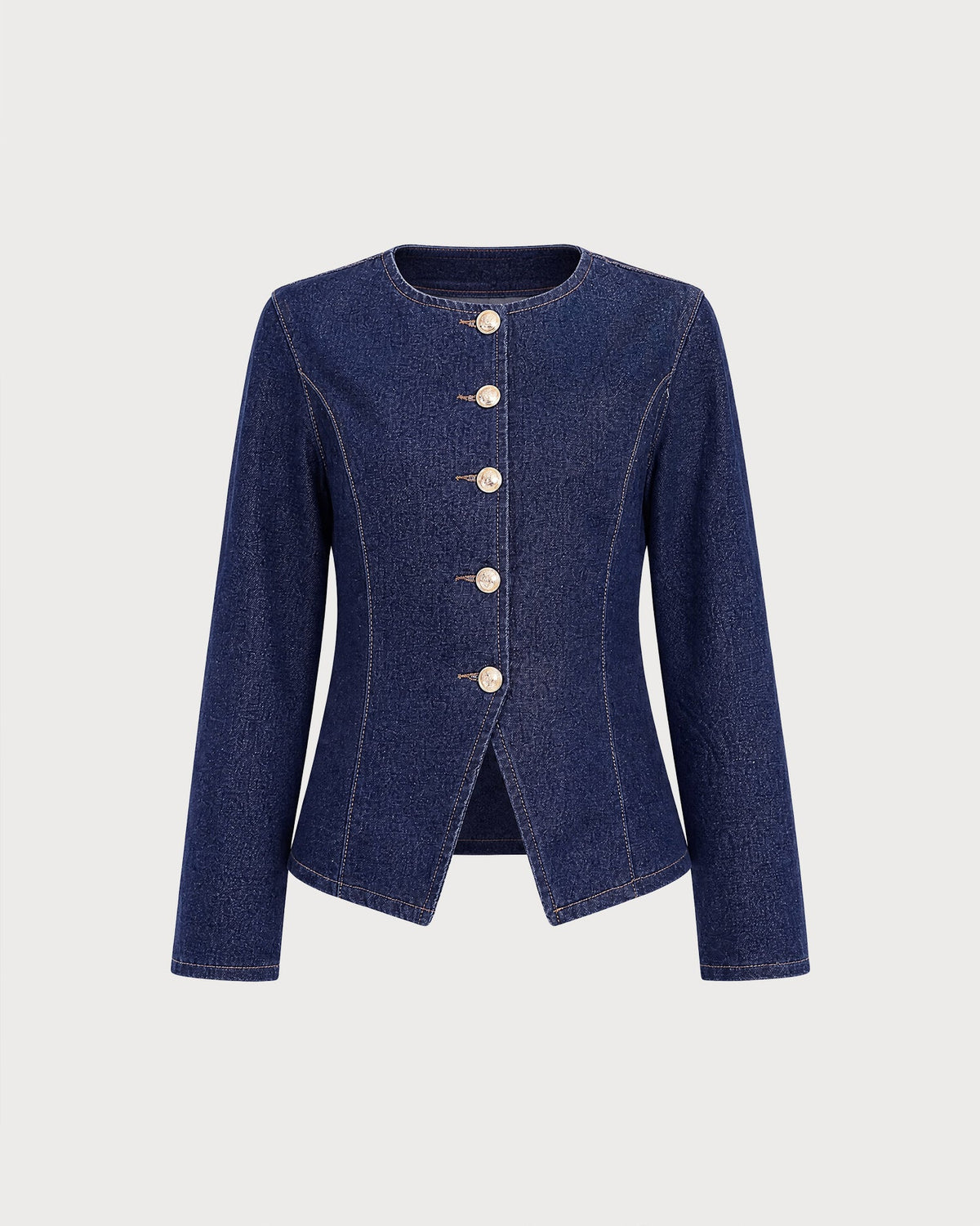 Denim Look Blouse with Round Neck and Gold Tone Buttons - Blue