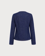 Denim Look Blouse with Round Neck and Gold Tone Buttons - Blue