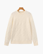 Diamond Knit Crew Neck Jumper with Ribbed Cuffs - Beige