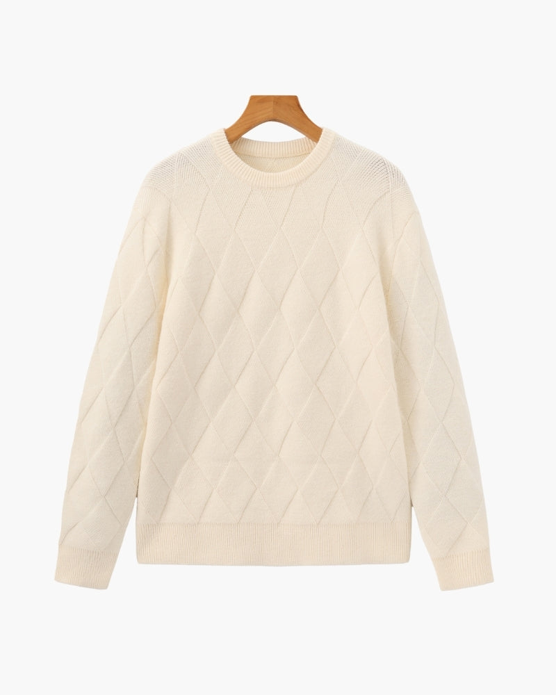 Diamond Knit Crew Neck Jumper with Ribbed Cuffs - Beige