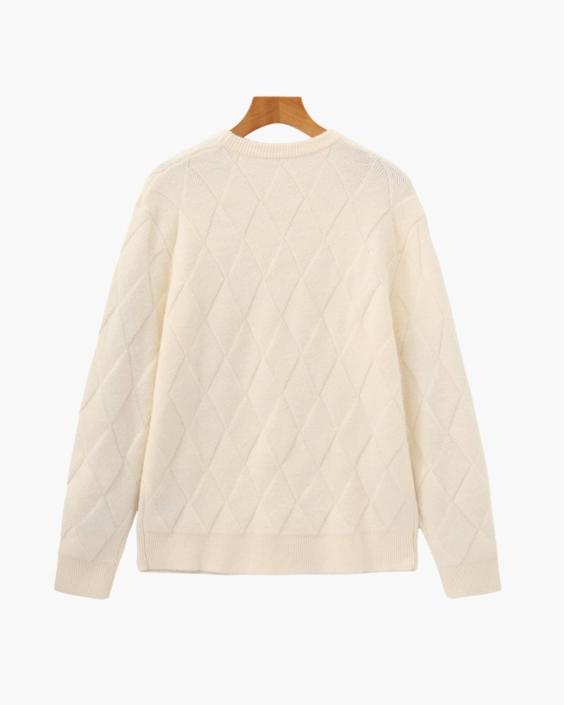 Diamond Knit Crew Neck Jumper with Ribbed Cuffs