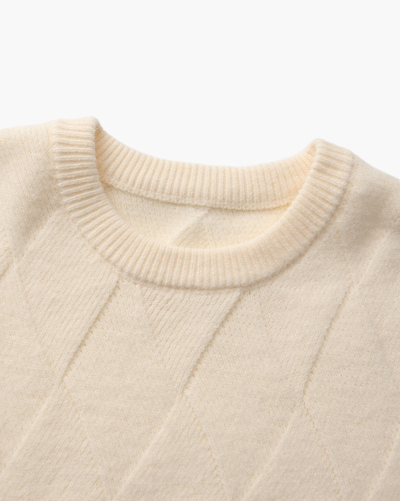 Diamond Knit Crew Neck Jumper with Ribbed Cuffs