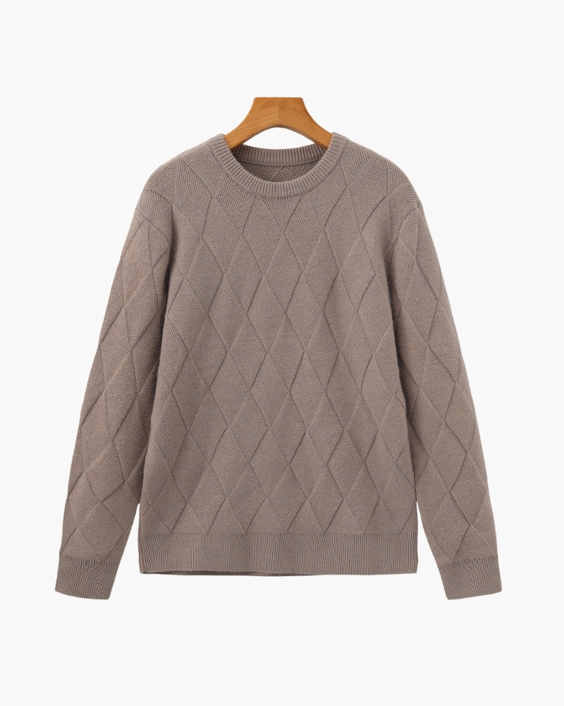 Diamond Knit Crew Neck Jumper with Ribbed Cuffs - Mocha
