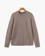 Diamond Knit Crew Neck Jumper with Ribbed Cuffs - Mocha