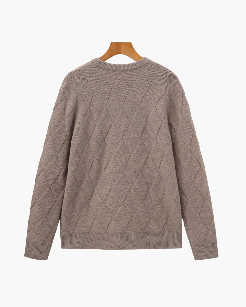 Diamond Knit Crew Neck Jumper with Ribbed Cuffs
