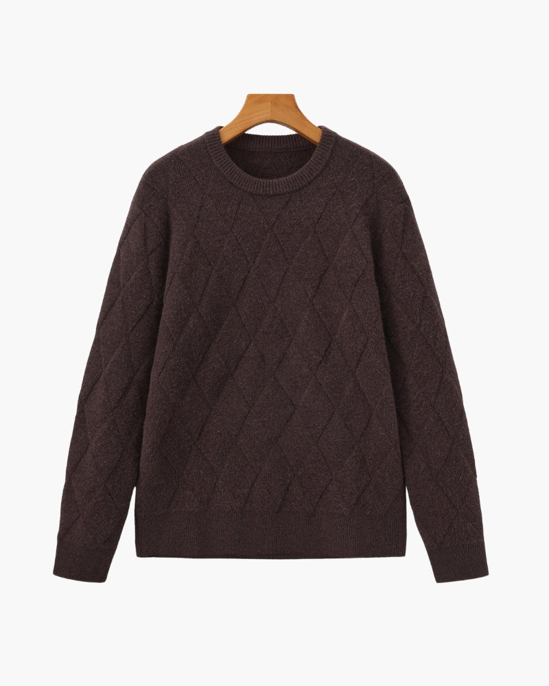 Diamond Knit Crew Neck Jumper with Ribbed Cuffs - Dark Brown