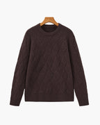 Diamond Knit Crew Neck Jumper with Ribbed Cuffs - Dark Brown