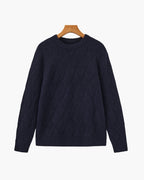 Diamond Knit Crew Neck Jumper with Ribbed Cuffs - Blue