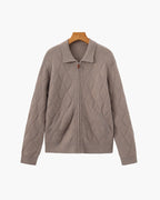 Diamond Knit Full Zip Cardigan with Spread Collar - Mocha