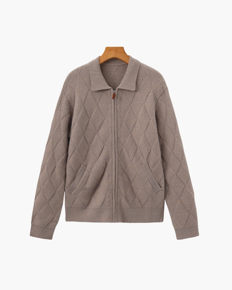 Diamond Knit Full Zip Cardigan with Spread Collar - Mocha