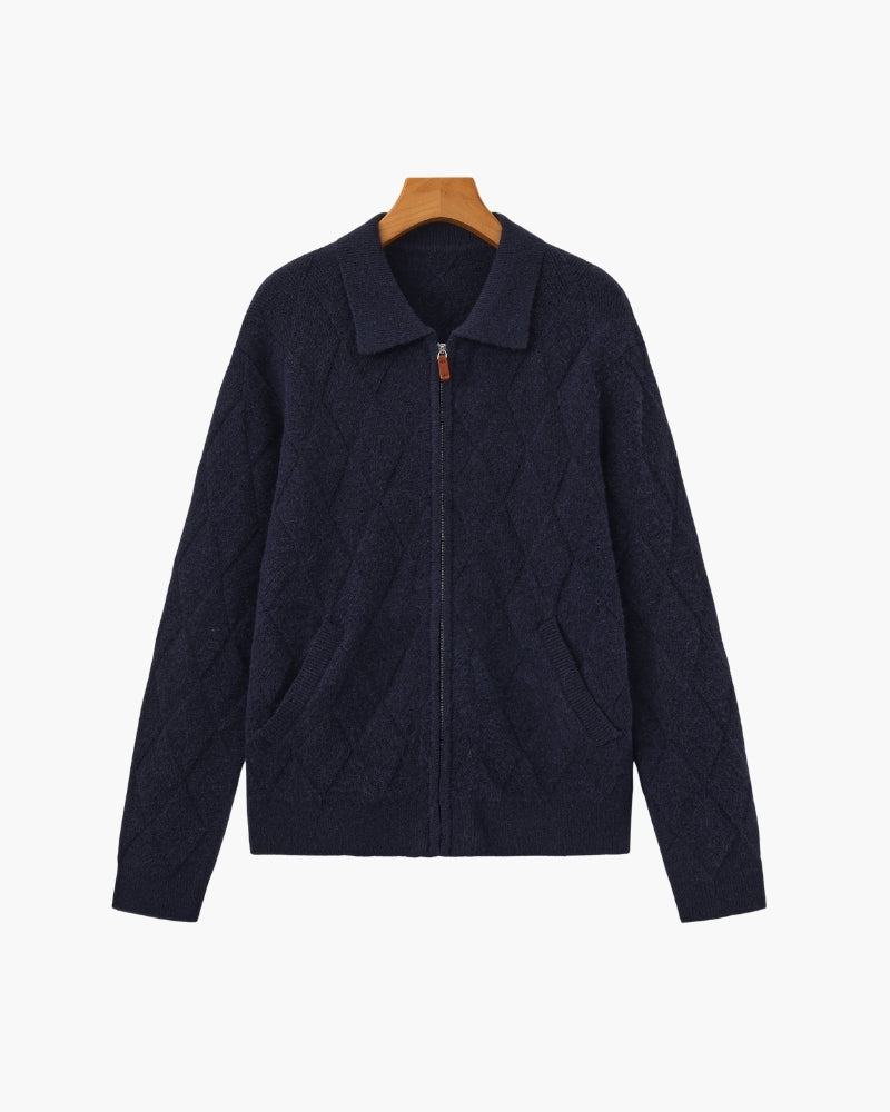 Diamond Knit Full Zip Cardigan with Spread Collar - Navy