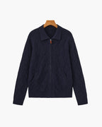 Diamond Knit Full Zip Cardigan with Spread Collar - Navy
