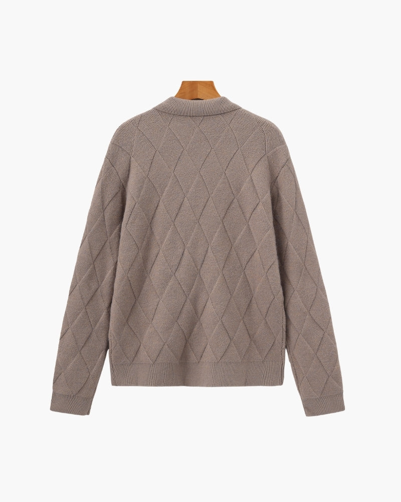 Diamond Knit Full Zip Cardigan with Spread Collar