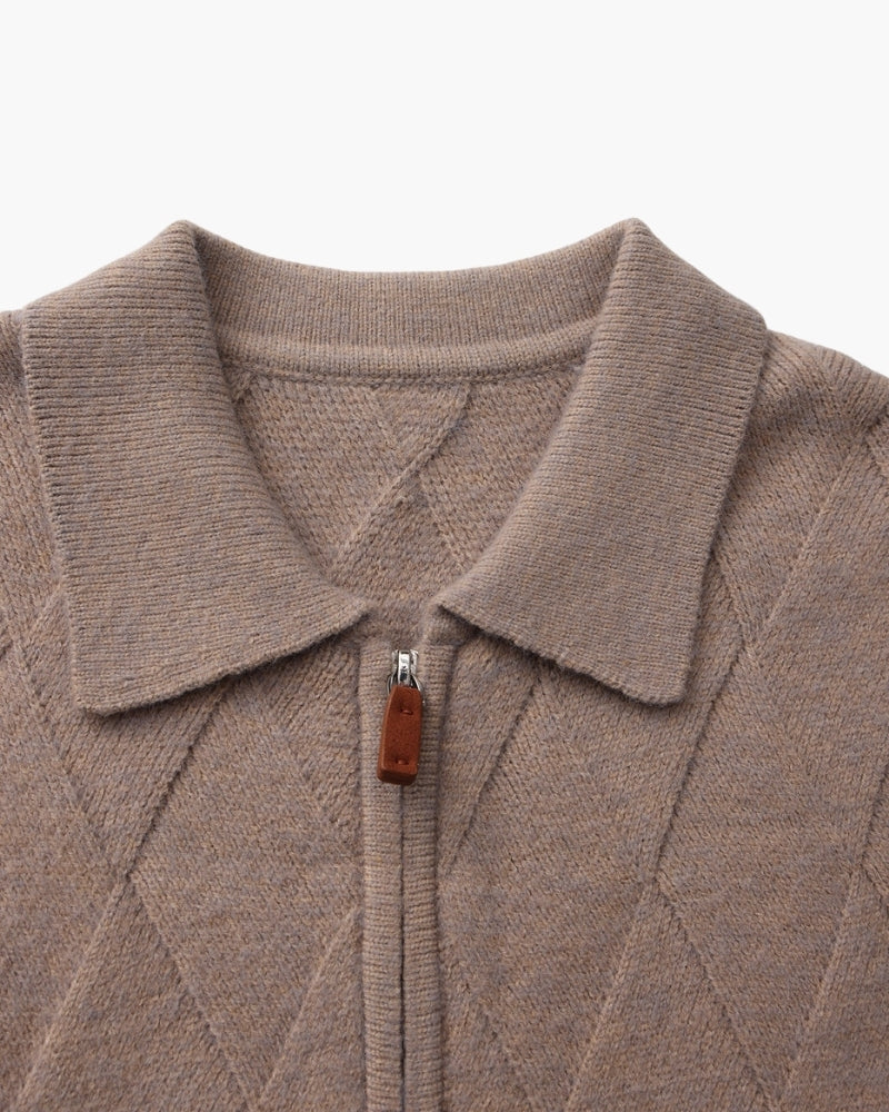 Diamond Knit Full Zip Cardigan with Spread Collar