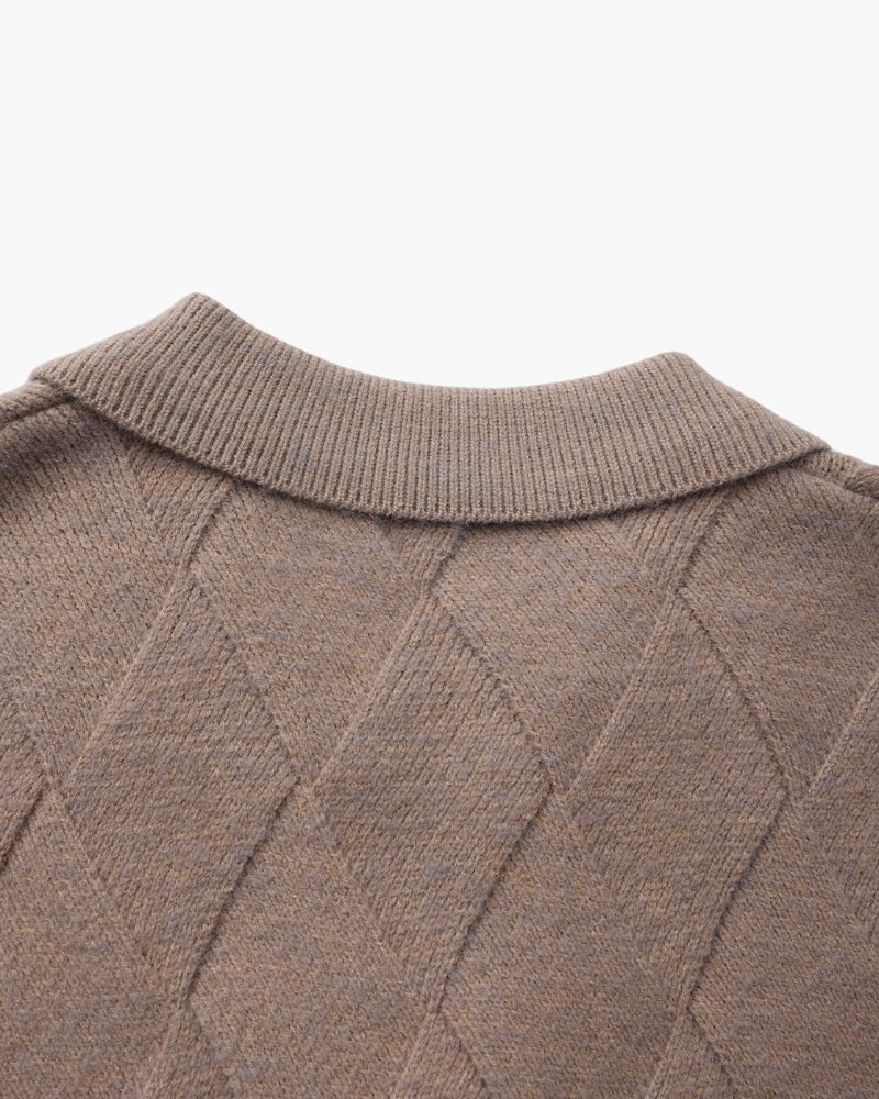 Diamond Knit Full Zip Cardigan with Spread Collar