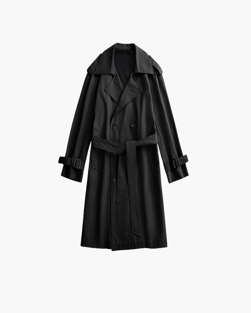 Double Breasted Trench Coat with Belt and Epaulettes - Black