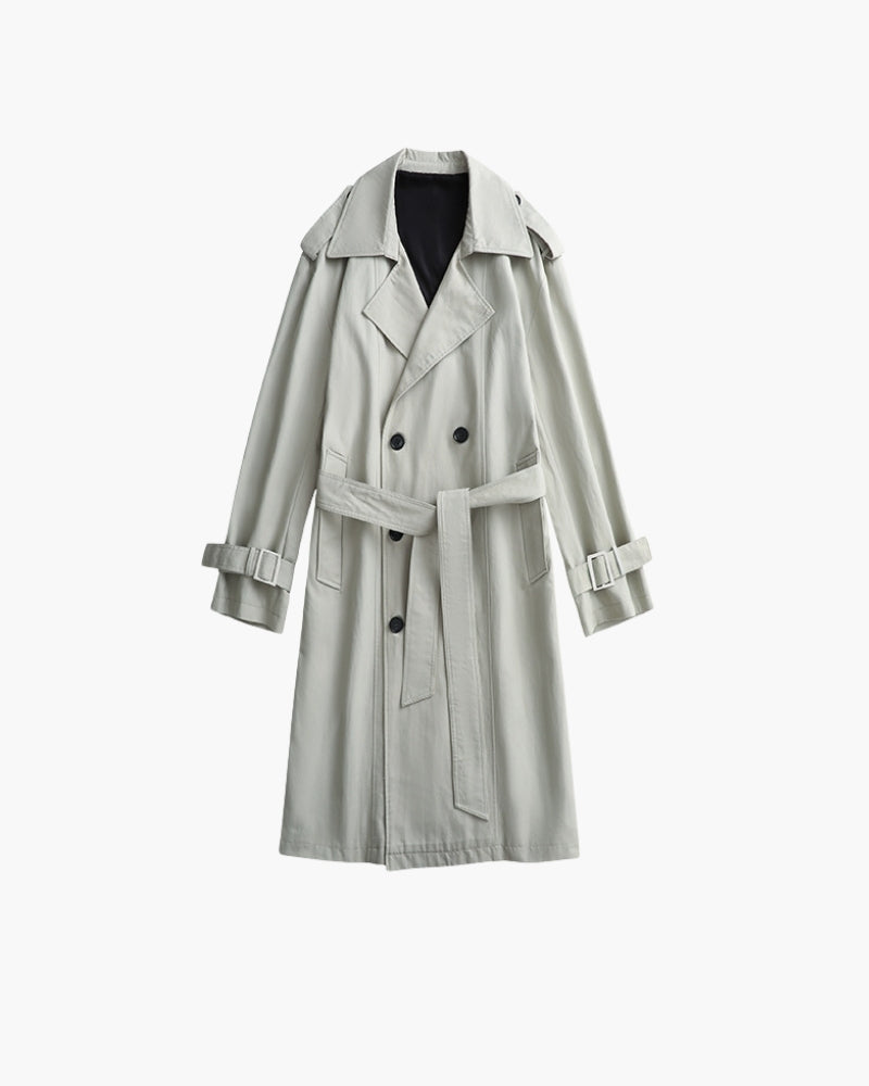 Double Breasted Trench Coat with Belt and Epaulettes - Green