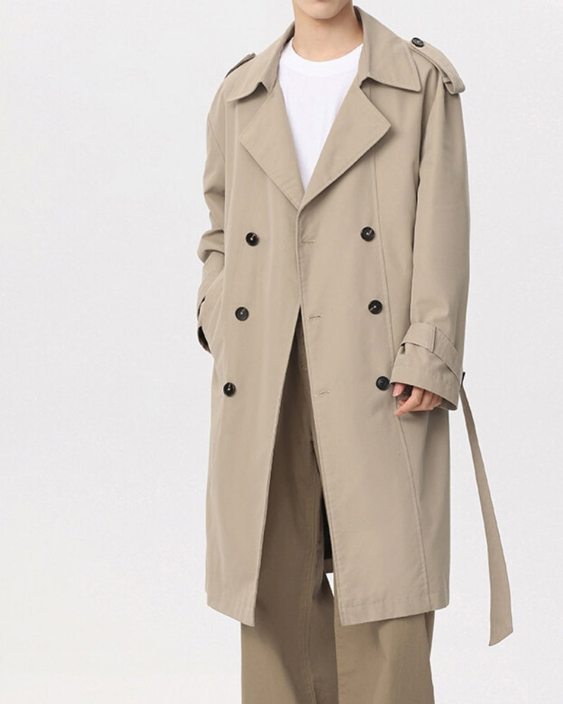 Double Breasted Trench Coat with Belt and Epaulettes - Beige